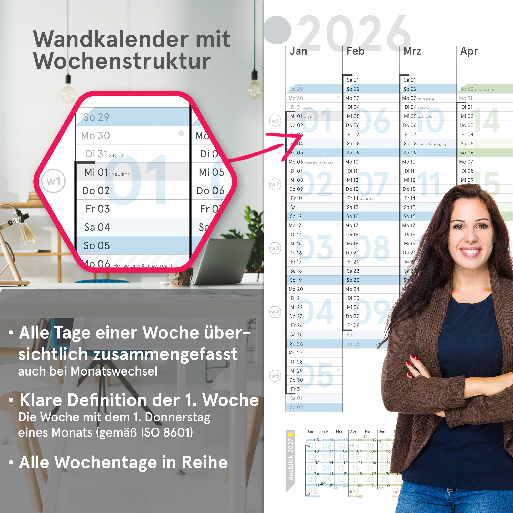Wandplaner Colour 2026 - Wandkalender KW-optimiert, DIN A1, Papier, gerollt