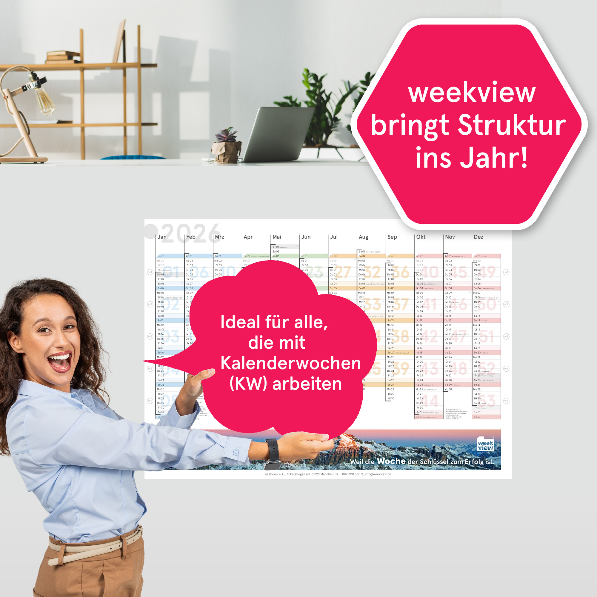 Wandplaner Colour A2 2026 - Bergmotiv - Wandkalender KW-optimiert, DIN A2, gefaltet