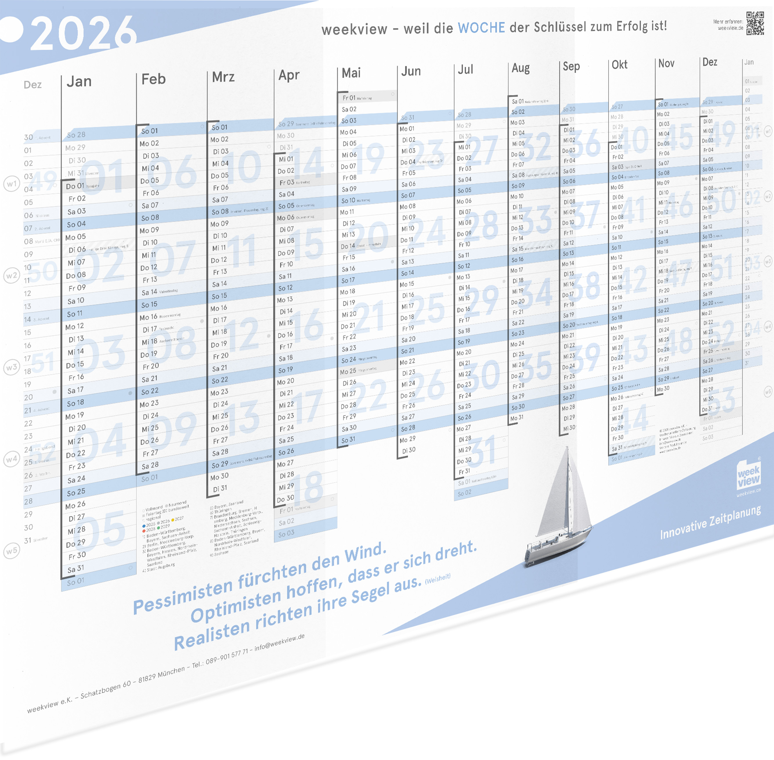 Wandplaner Blau 2026 - Segelschiff Motiv - Wandkalender KW-optimiert, DIN A1, gefaltet
