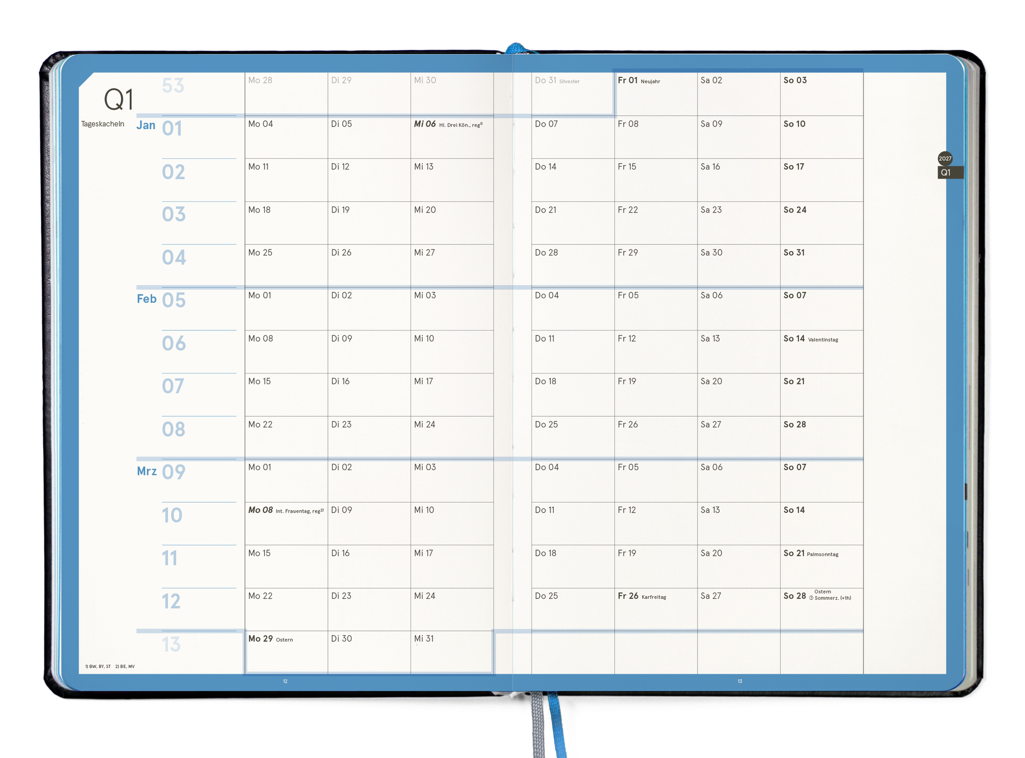 weekview Business Planner Pro A4 — Tageskacheln: das Quartal als Kachelraster
