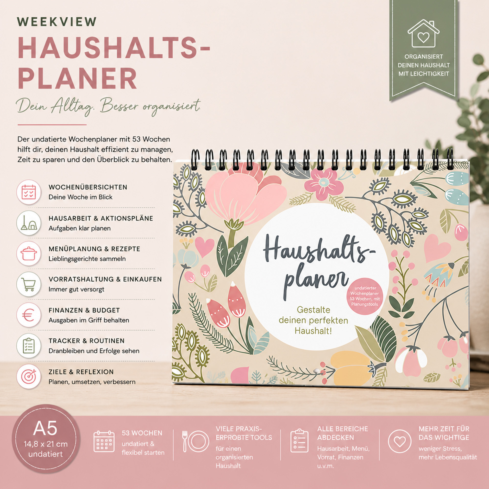 weekview Haushaltsplaner undatiert A5 – 53 Wochen Haushaltsorganisation mit Menüplanung & Finanzen