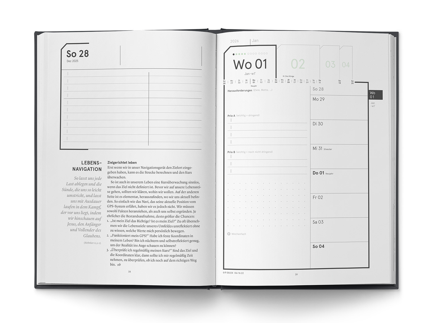 Aufgeschlagener weekview LifeCoach A5 mit Tagesseite, Wochenimpuls, Bibelvers und Wochencockpit