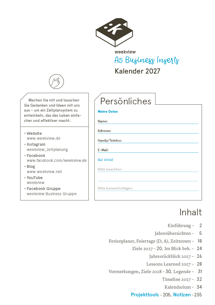 Druckversion einseitig - Business-Einlagen A5 2027, inkl. Planungstools und Notizteil
