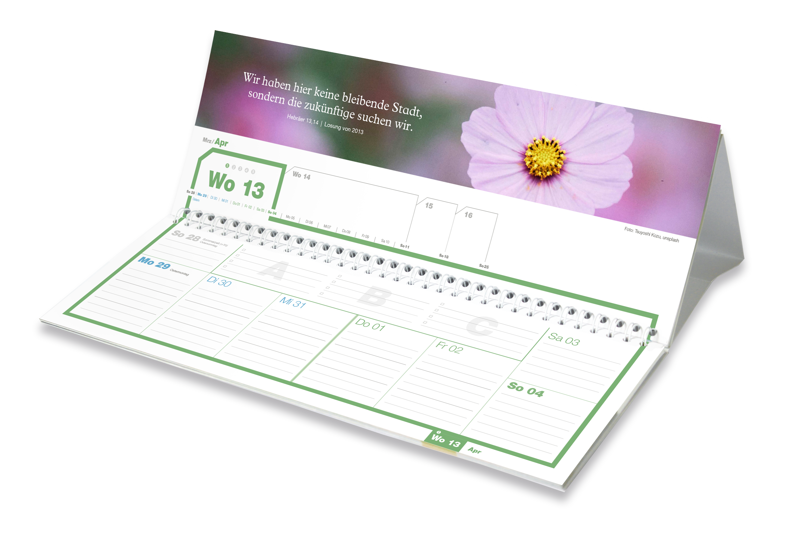 weekview Panorama Tischkalender 2027 aufgestellt, Woche 13 im Frühling