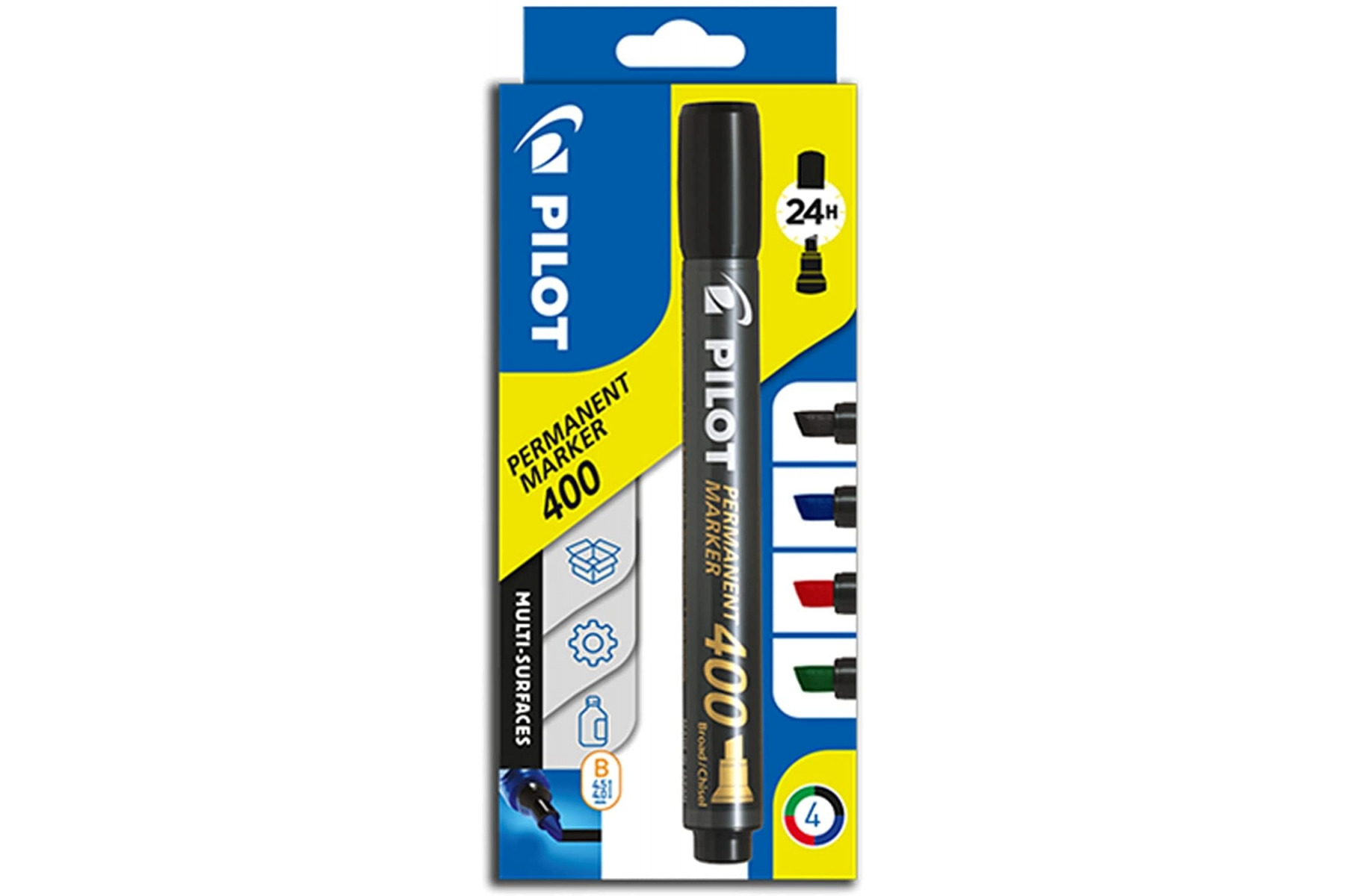 PILOT Permanent Marker 400 mit Keilspitze, 4er Set (Blau, Schwarz, Rot, Grün)