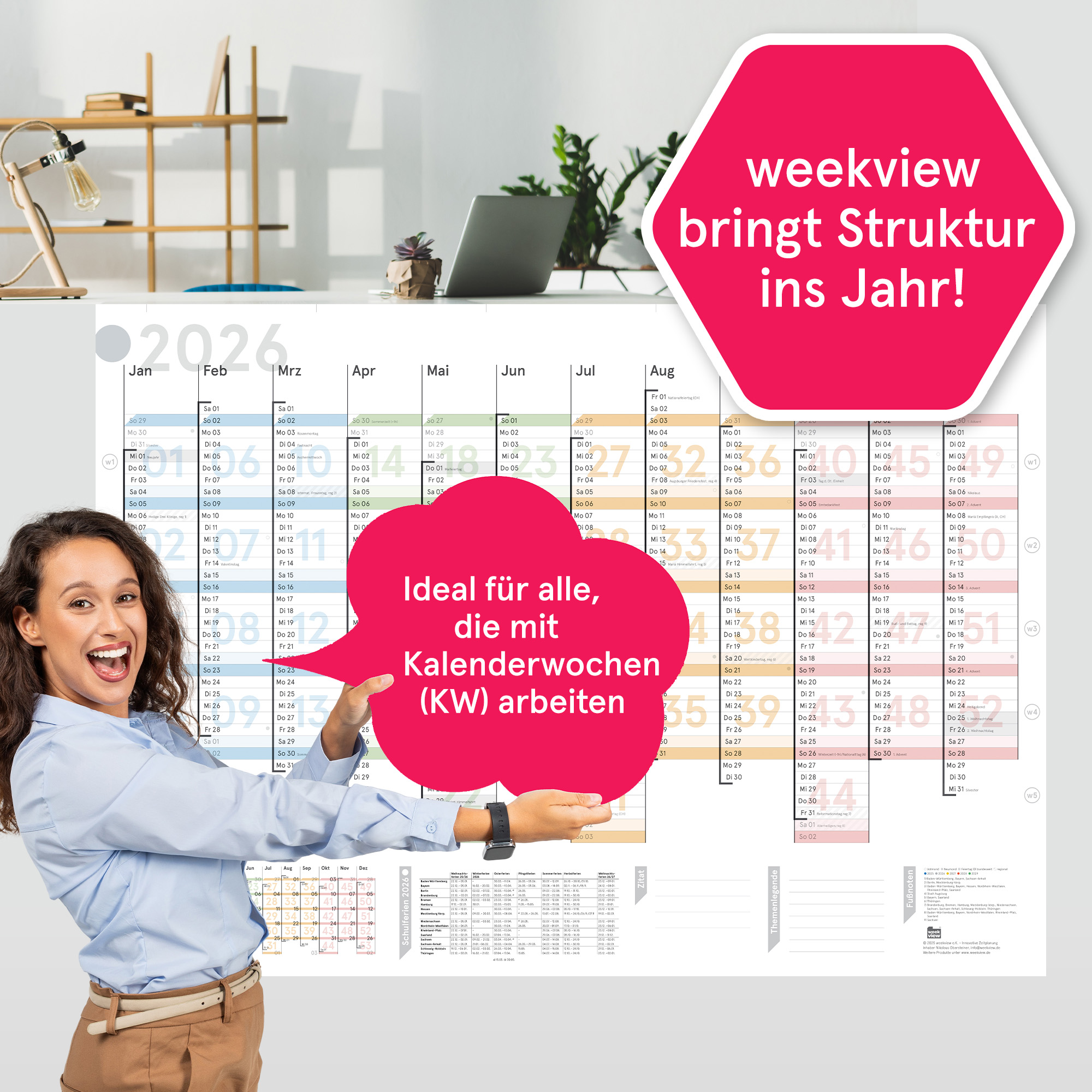 Wandplaner Colour 2026 - Wandkalender KW-optimiert, DIN A1, Papier, gerollt