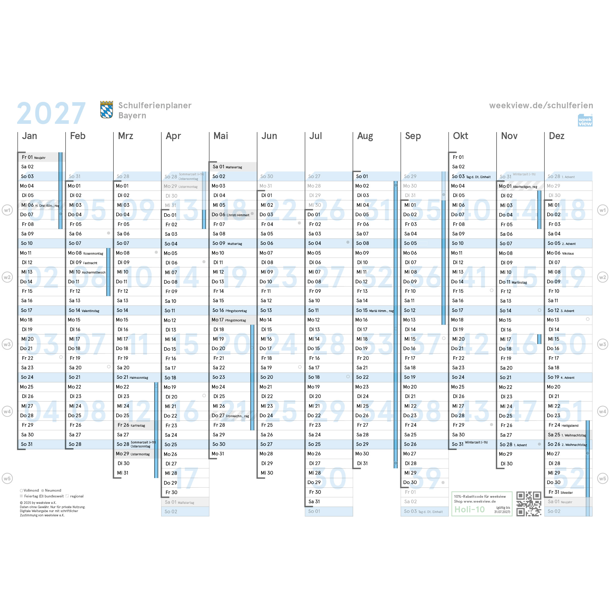 Jahresansicht des Schulferienplaners 2027 fuer Bayern mit allen zwoelf Monaten, Ferien und Feiertagen