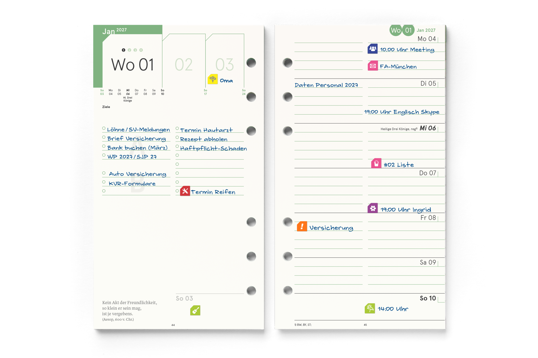 weekview Personal-Einlagen A6 2027 aufgeschlagen &ndash; beschriebene Wochen-Doppelseite im Personal-Format 95 x 170 mm