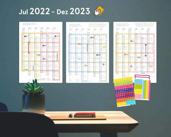 18-Monats-Wandplaner (3xA2h Halbjahr, Jul 2022 – Dez 2023), abwischbar
