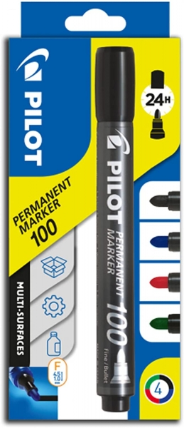 PILOT Permanent Marker 100 mit Rundspitze, 4er Set (Blau, Schwarz, Rot, Grün)