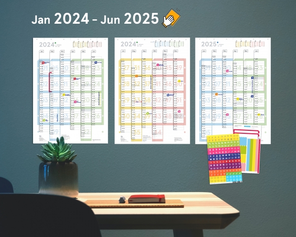 18-Monats-Wandplaner (3xA2h Halbjahr, Jan 2024 – Jun 2025), abwischbar