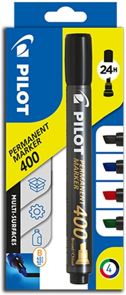PILOT Permanent Marker 400 mit Keilspitze, 4er Set (Blau, Schwarz, Rot, Grün)