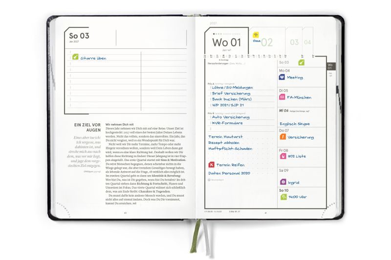 Original-Innenansicht LifeCoach 2027: Sonntagsseite mit Wochenimpuls und Bibelvers, daneben das Wochencockpit